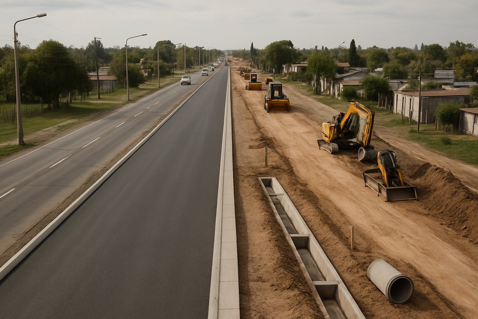 Vista ilustrativa de una ruta en ampliación, con asfalto nuevo, banquinas y obras de desagüe.